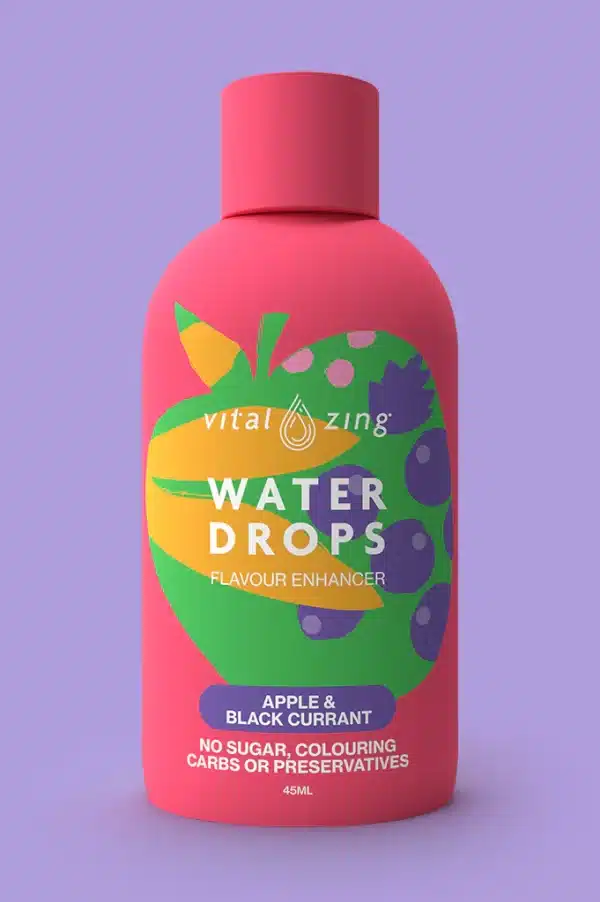 front bottle display of apple and black currant flavour vital zing water drops