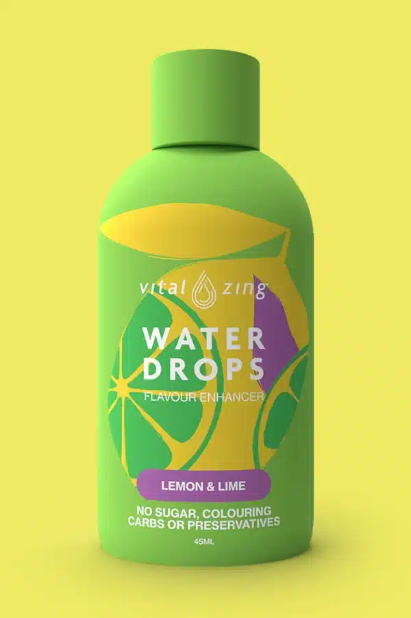 front bottle display of lemon and lime flavour vital zing water drops