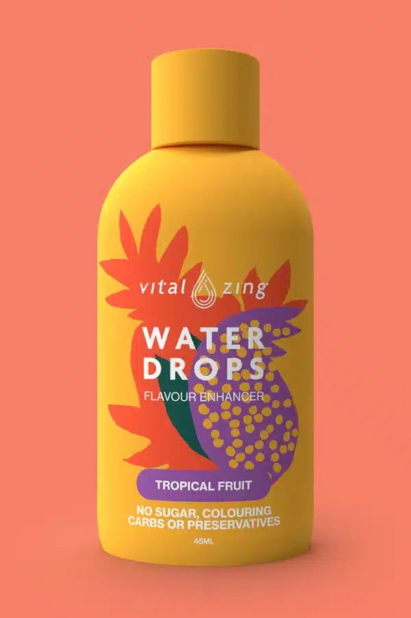 front bottle display of tropical flavour vital zing water drops