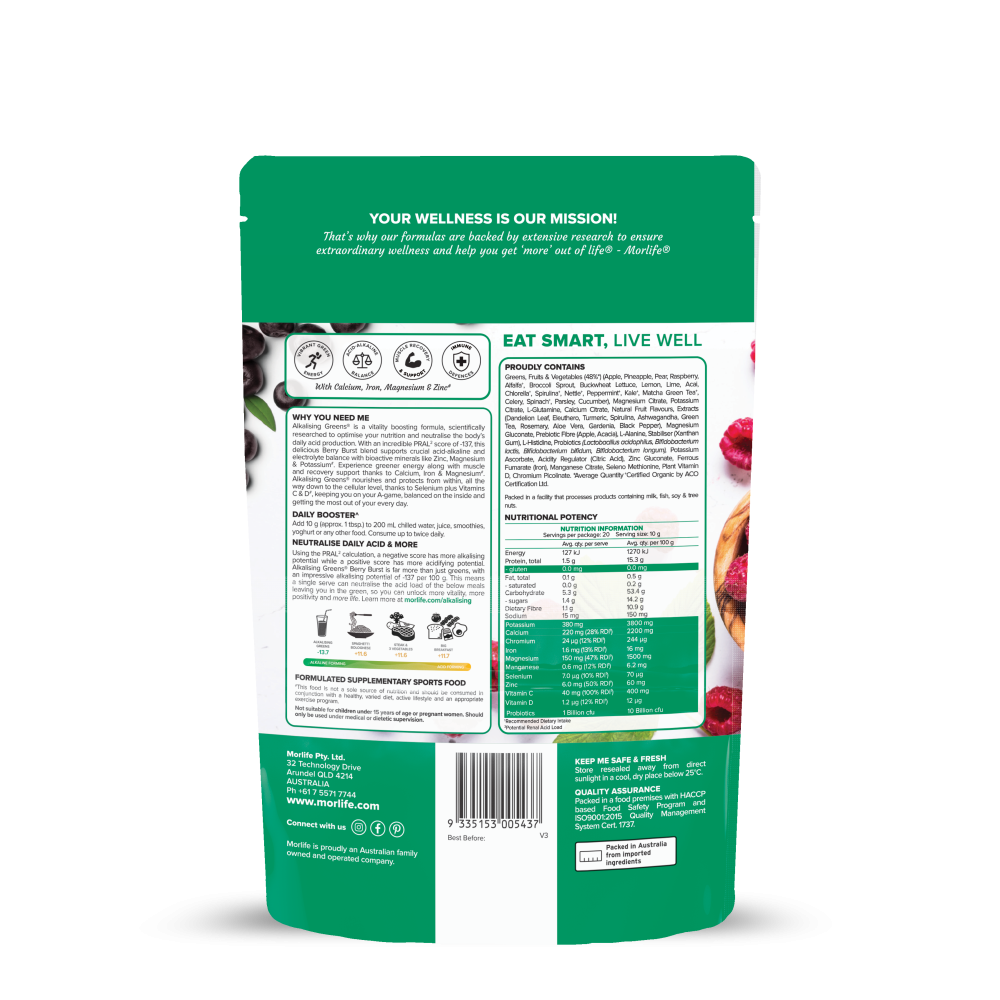 Morlife Alkalising greens berry burst Back of 200g bag