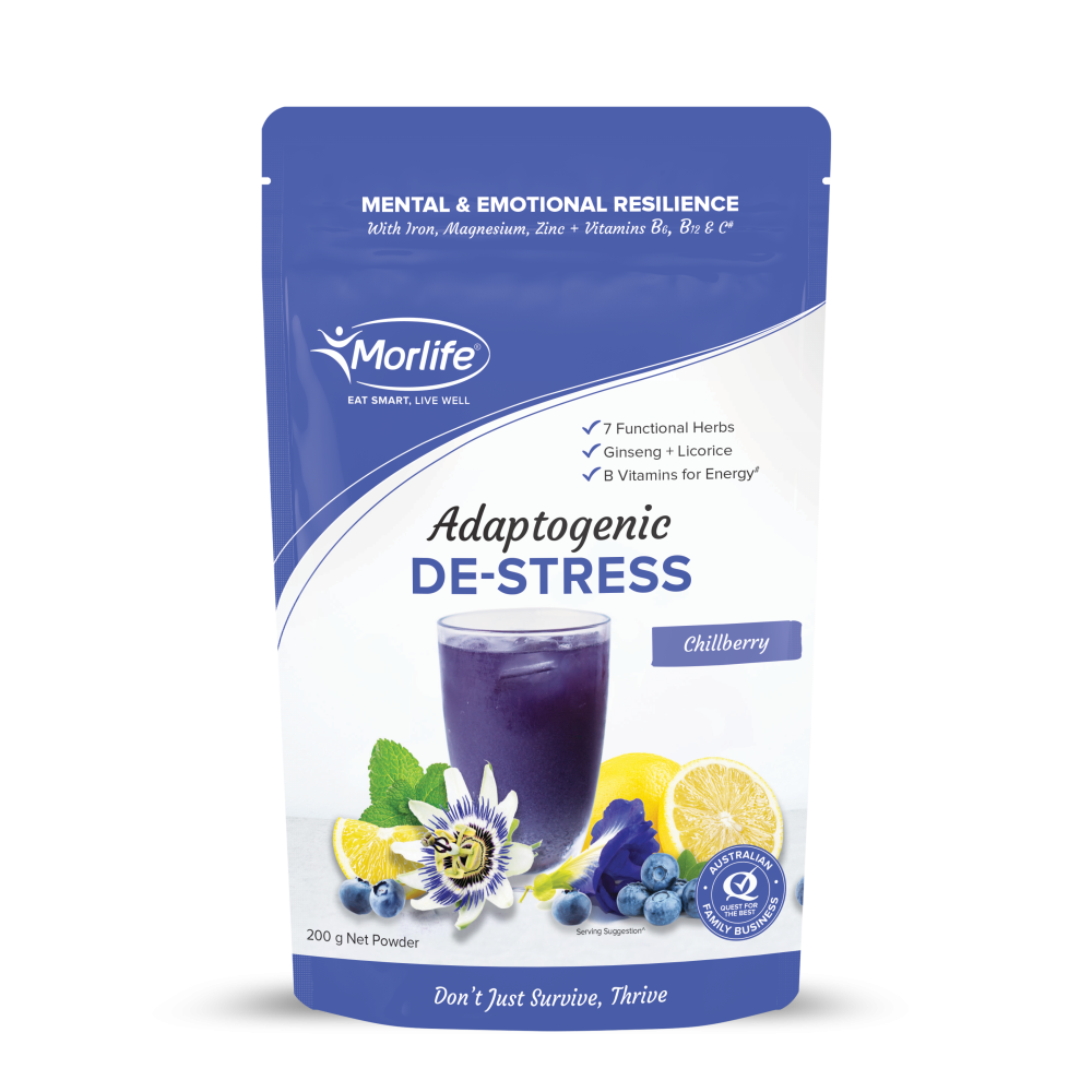 a blue and white package with a picture of a Morlife adaptogenic de stress drink