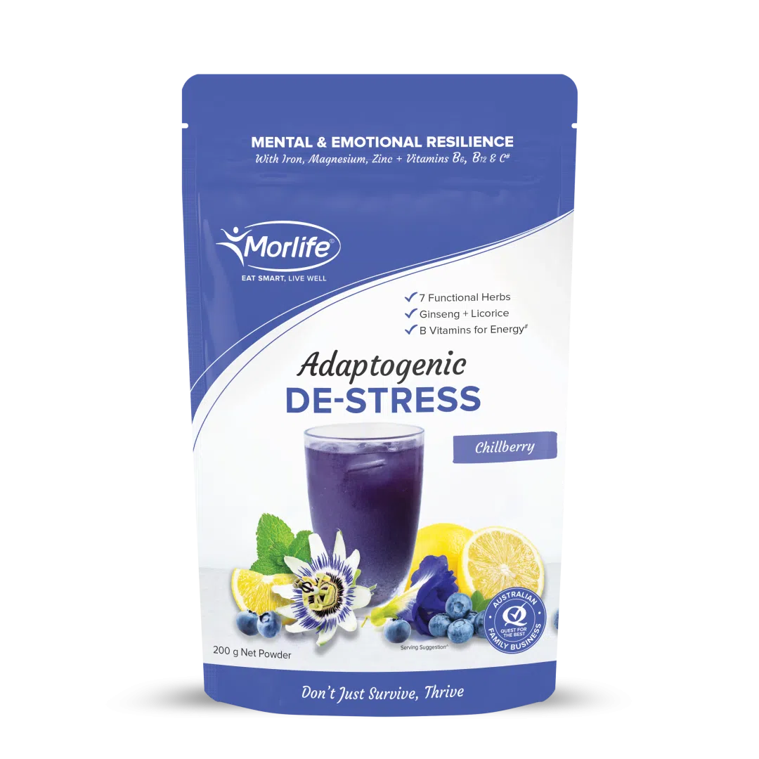 a blue and white package with a picture of a Morlife adaptogenic de stress drink