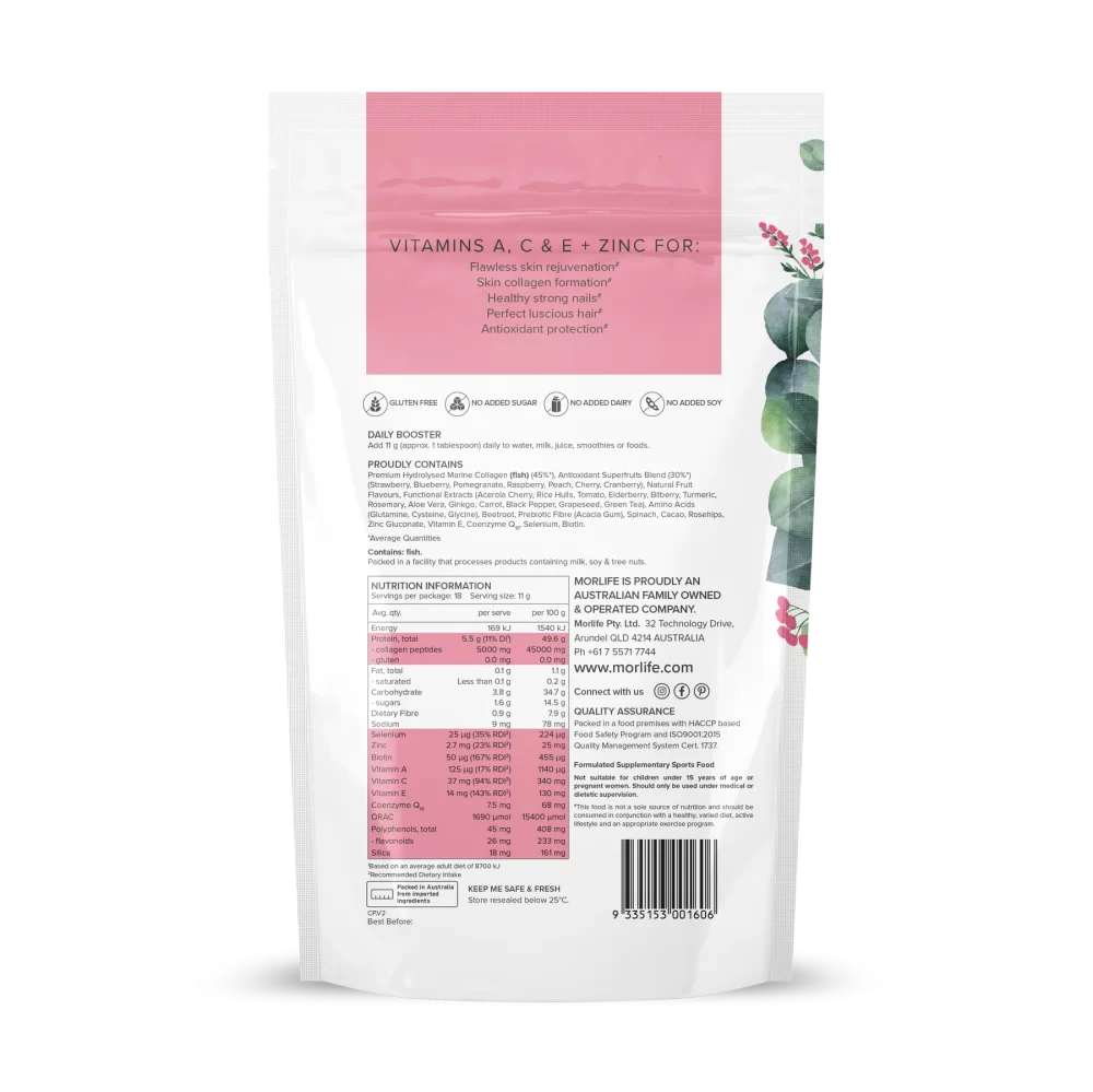 Morlife Beauty Collagen Anti Berry Deluxe 200g Back Of Bag