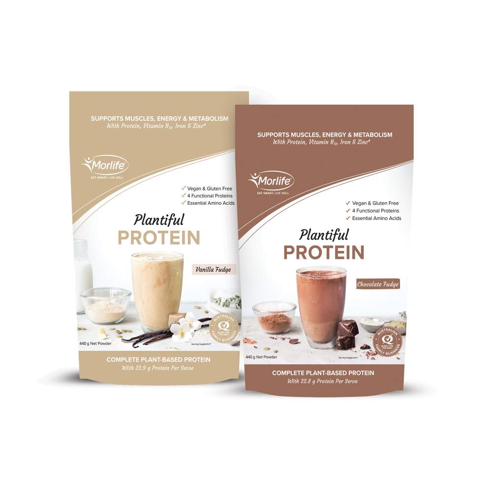 Morlife Plantiful Plant Protein - Chocolate or Vanilla Fudge - 2 bags together from front