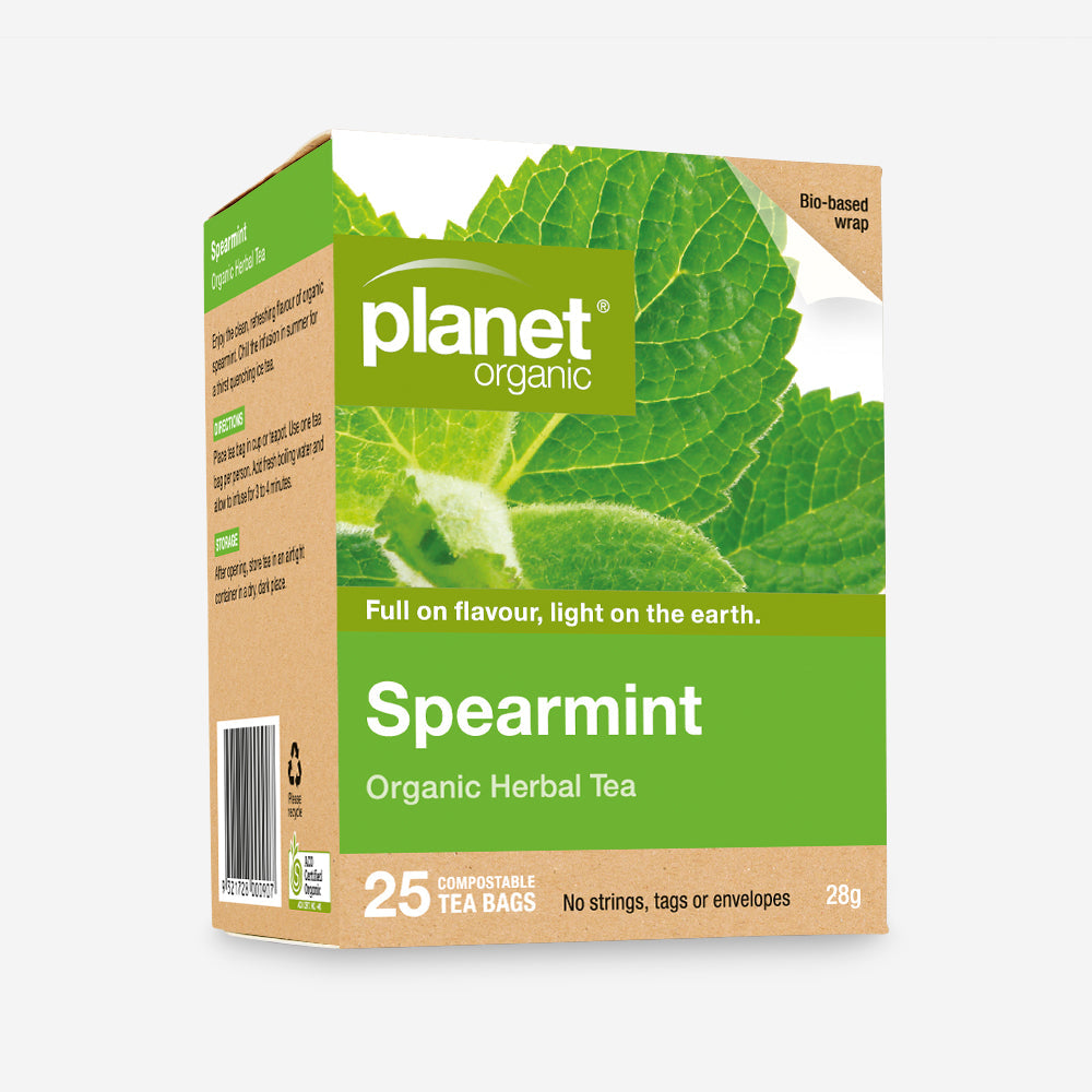 Front of planet organic spearmint tea 25 bag box