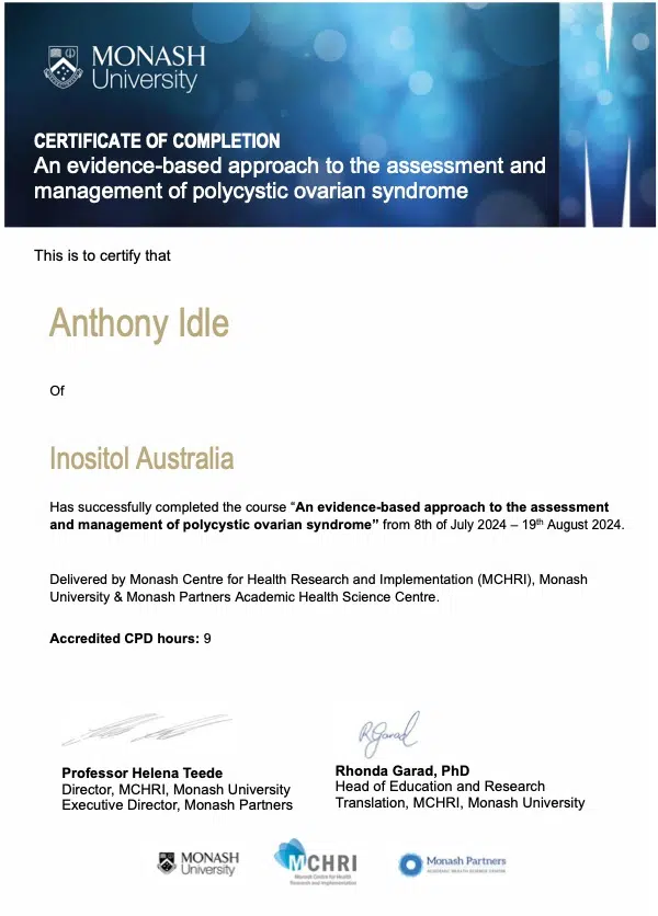 Certificate of Completion -Monash University PCOS short course