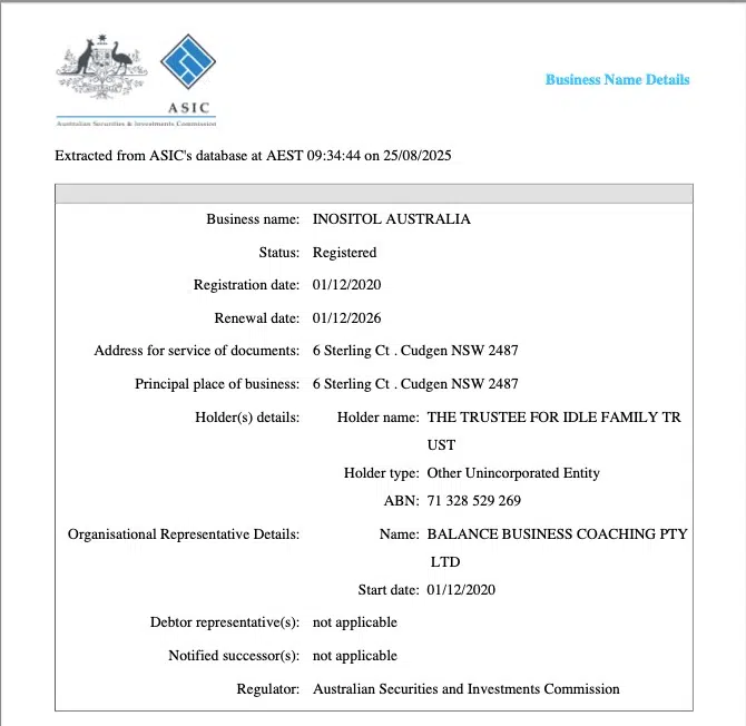 Inositol Australia Business Name Details